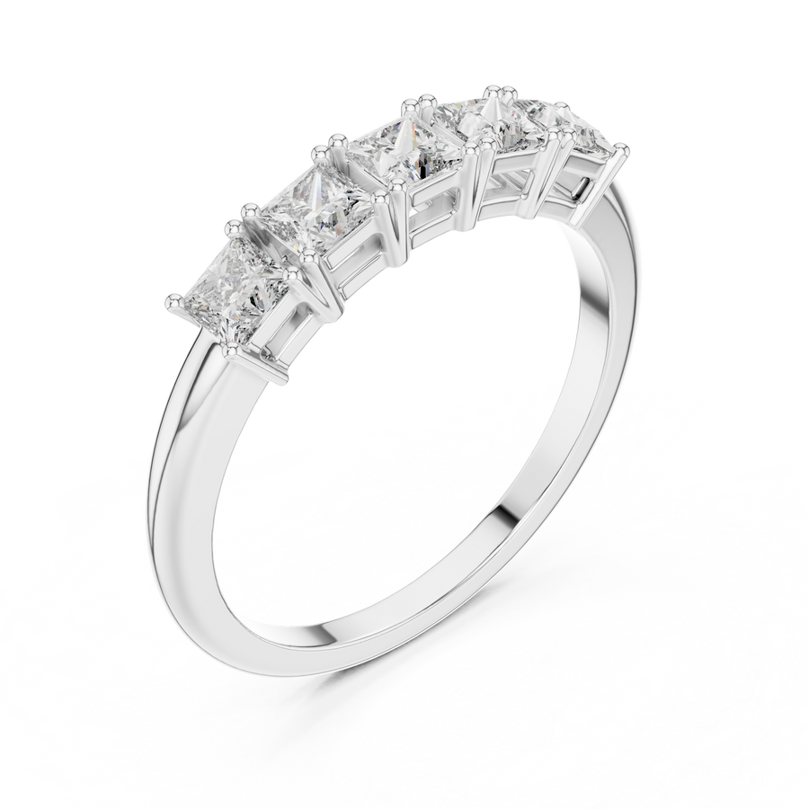 White gold princess cut five stone lab grown diamond anniversary ring, side view