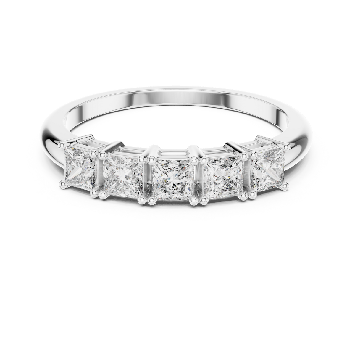 White gold princess cut five stone lab grown diamond anniversary ring, angled view