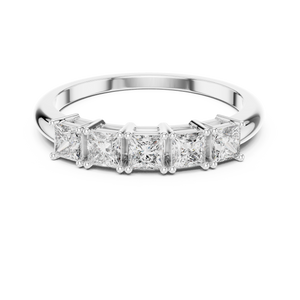 White gold princess cut five stone lab grown diamond anniversary ring, angled view