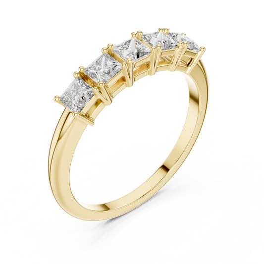 Yellow gold princess cut five stone lab grown diamond anniversary ring, side view