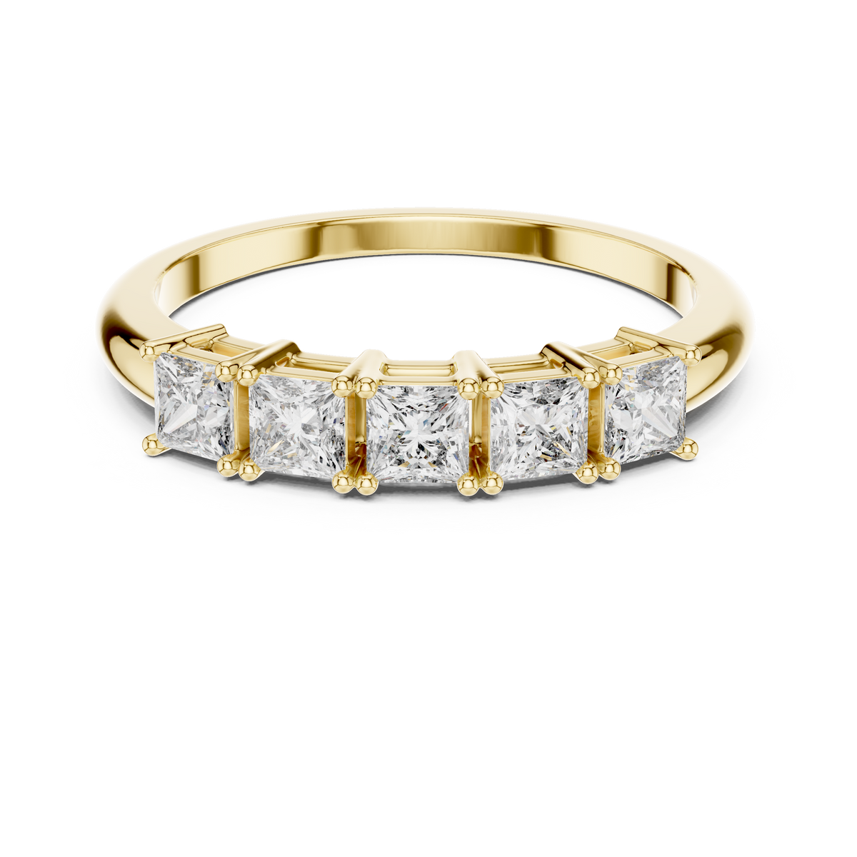 Yellow gold princess cut five stone lab grown diamond anniversary ring, angled view