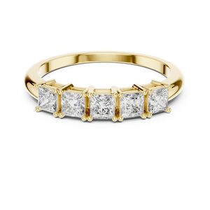 Yellow gold princess cut five stone lab grown diamond anniversary ring, angled view