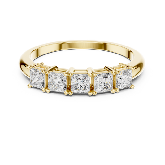 Yellow gold princess cut five stone lab grown diamond anniversary ring, angled view