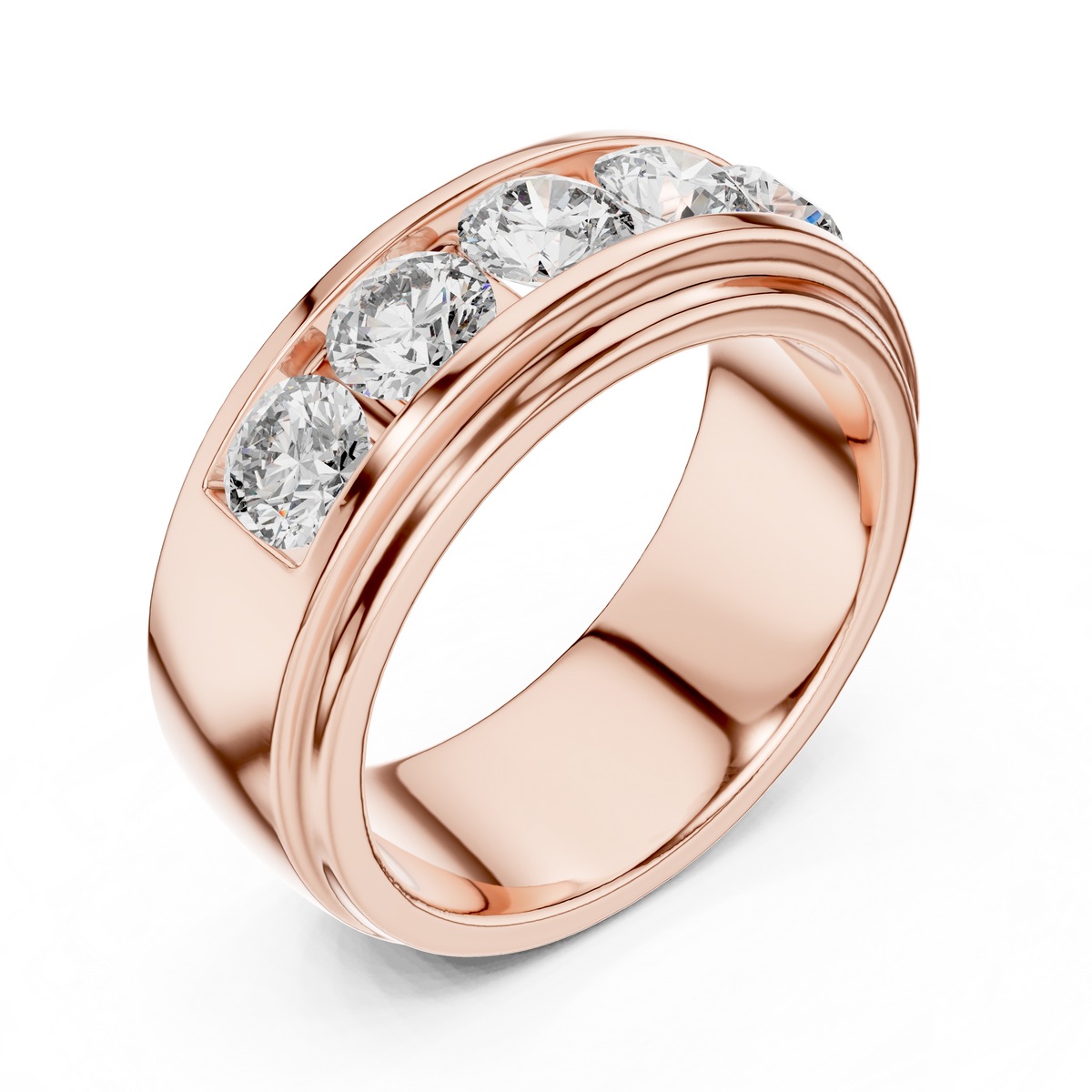 Rose gold round lab grown diamond men's wedding band, side view
