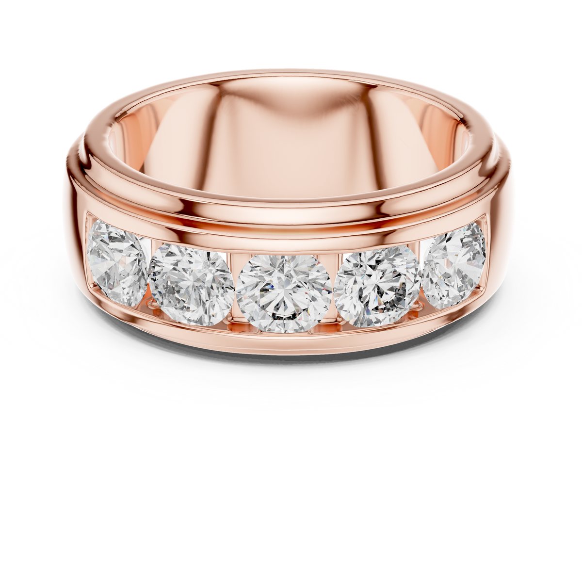 Rose gold round lab grown diamond men's wedding band, angled view