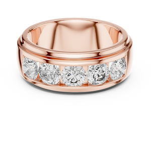 Rose gold round lab grown diamond men's wedding band, angled view