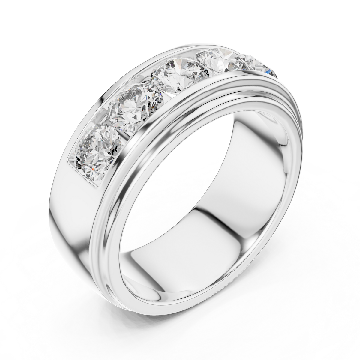 White gold round lab grown diamond men's wedding band, side view