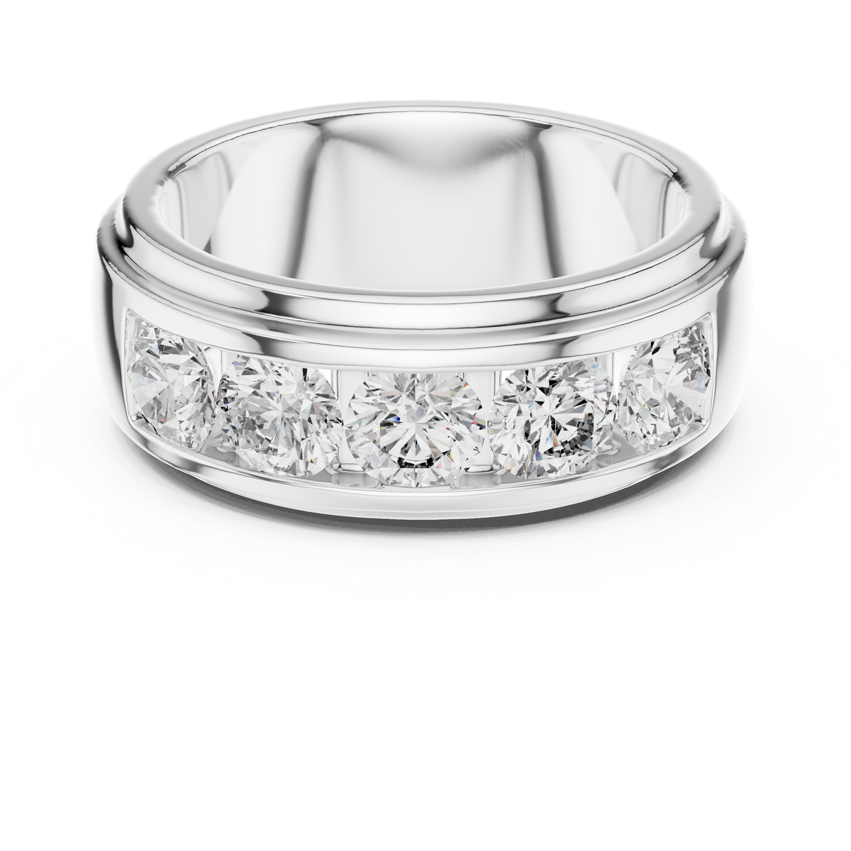 White gold round lab grown diamond men's wedding band, angled view