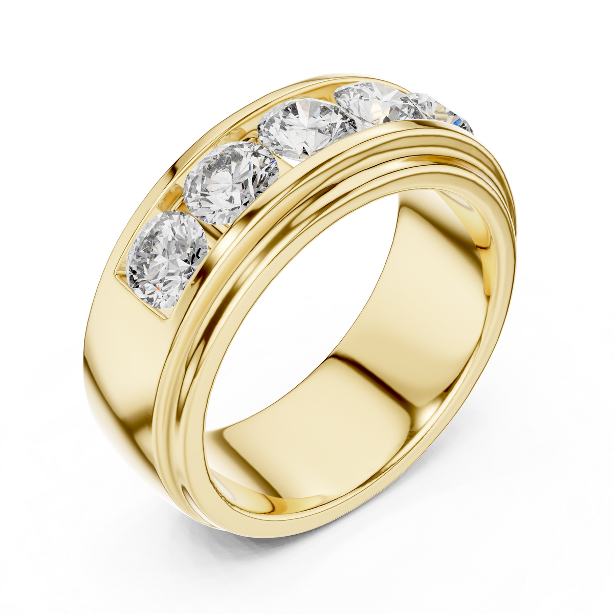 Yellow gold round lab grown diamond men's wedding band, side view