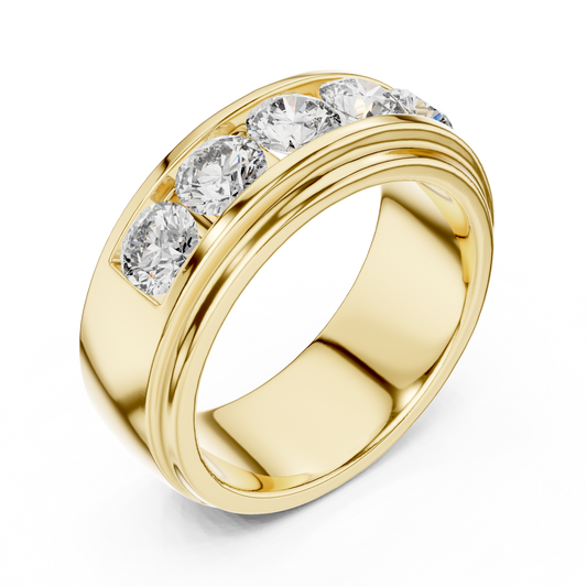 Yellow gold round lab grown diamond men's wedding band, side view