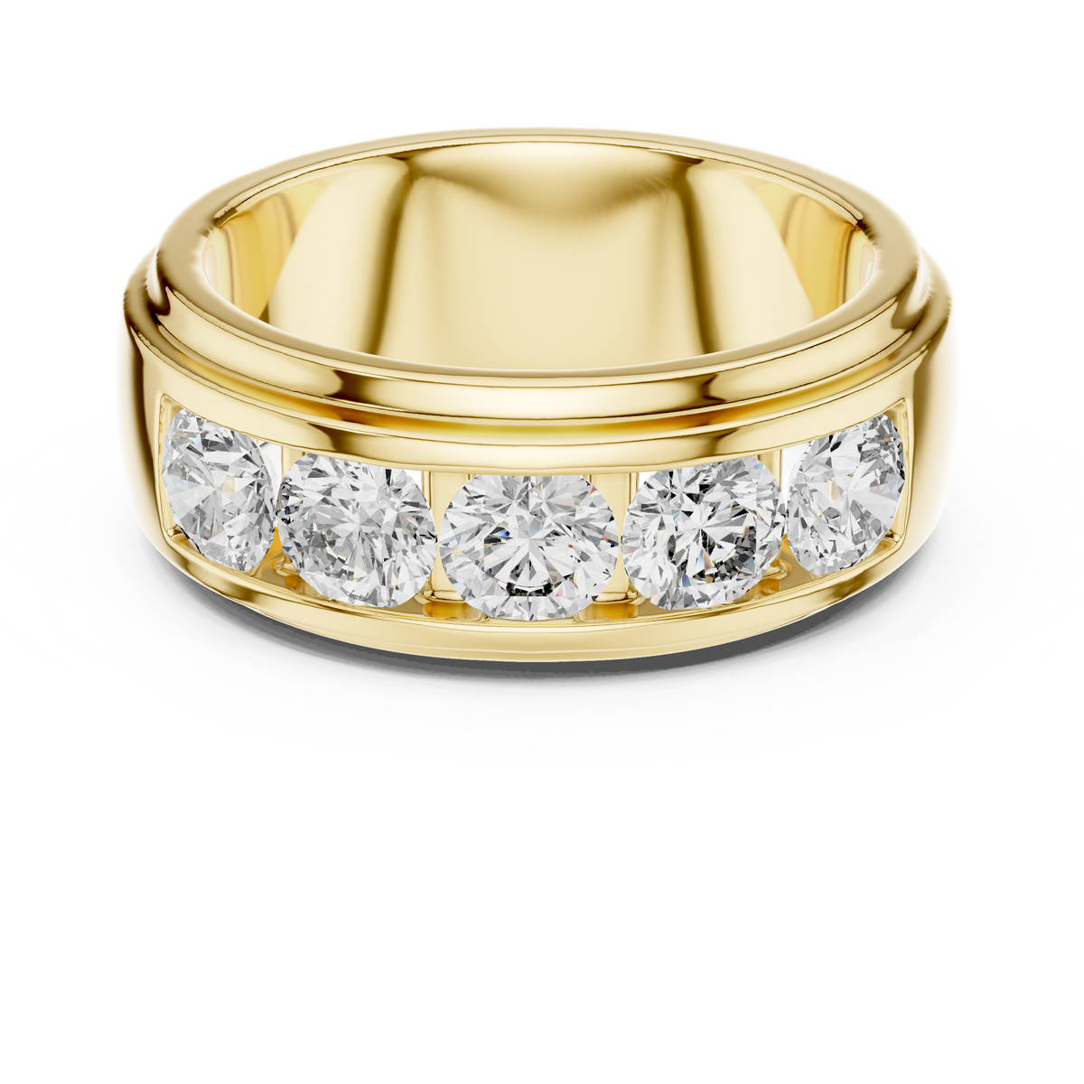 Yellow gold round lab grown diamond men's wedding band, angled view