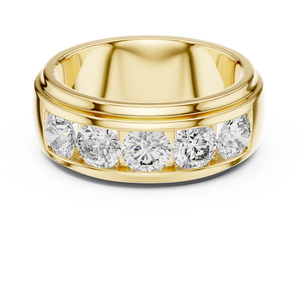 Yellow gold round lab grown diamond men's wedding band, angled view