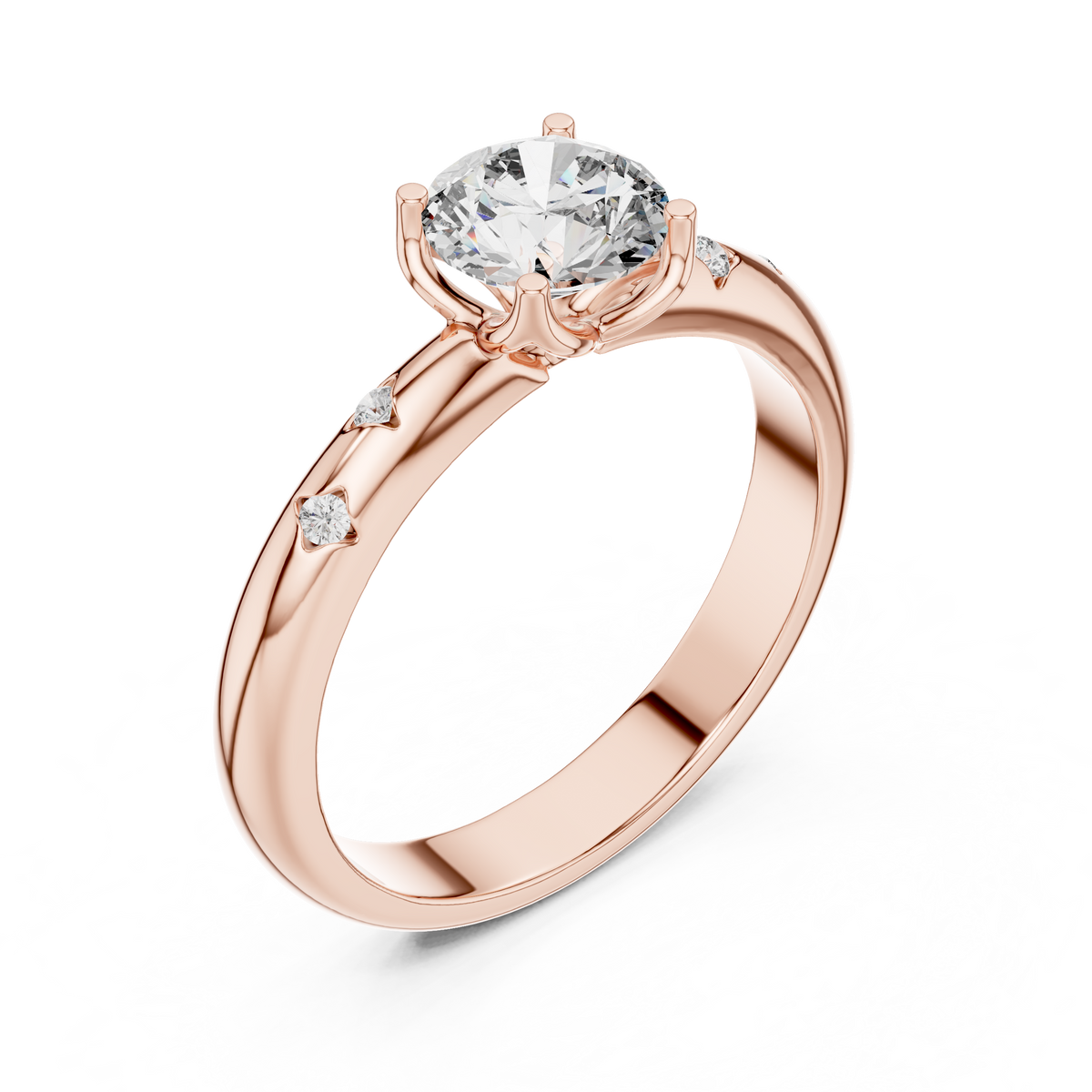 Rose gold round solitaire lab grown diamond engagement ring, side view