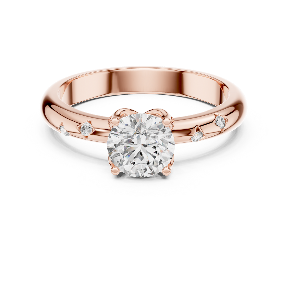 Rose gold round solitaire lab grown diamond engagement ring, angled view