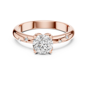 Rose gold round solitaire lab grown diamond engagement ring, angled view