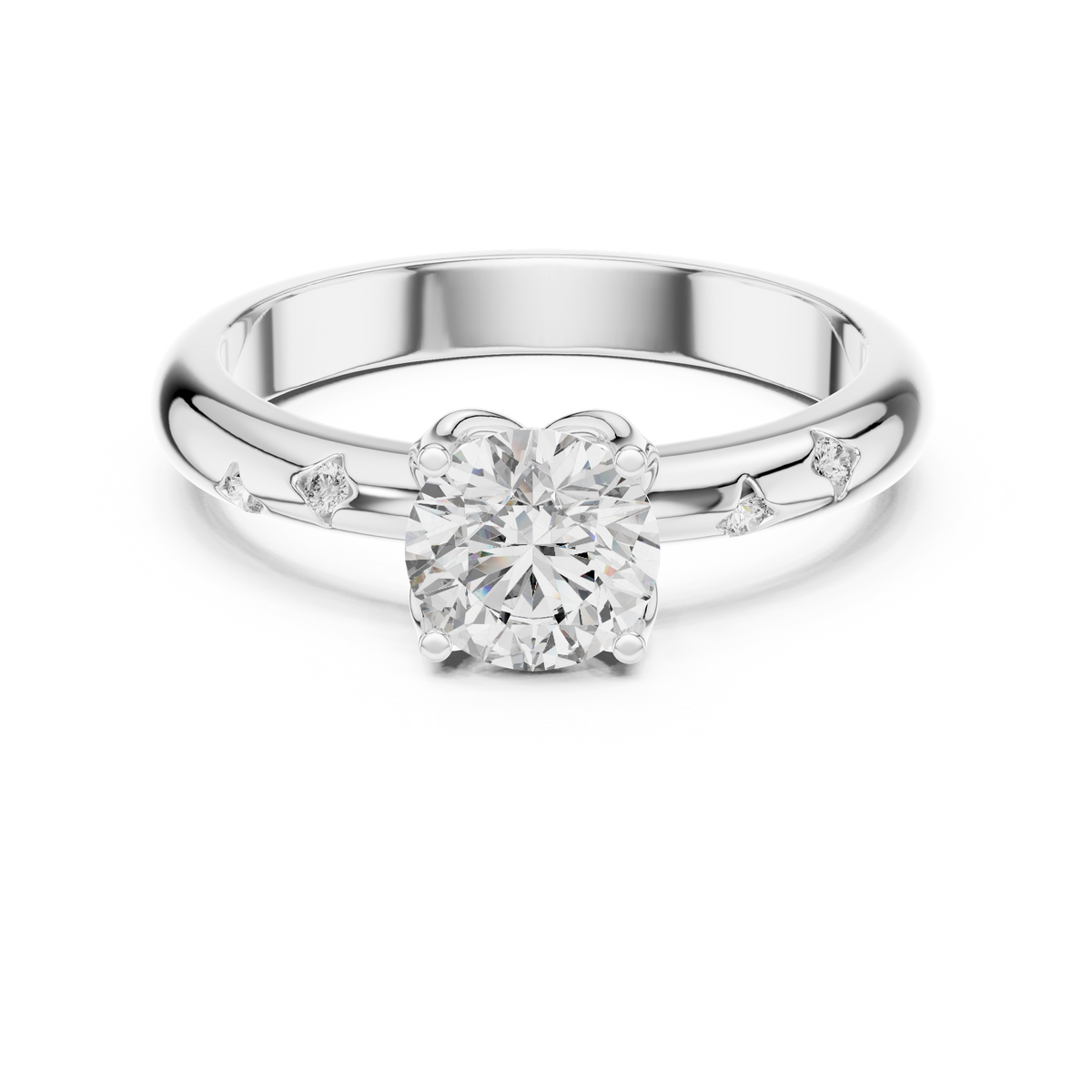 White gold round solitaire lab grown diamond engagement ring, angled view