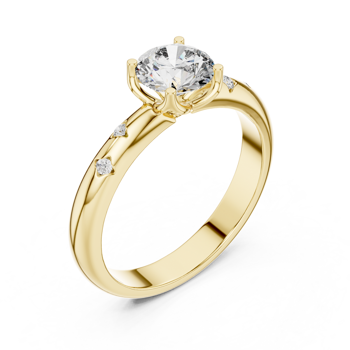 Yellow gold round solitaire lab grown diamond engagement ring, side view