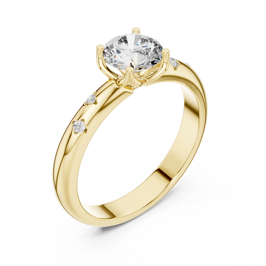 Yellow gold round solitaire lab grown diamond engagement ring, side view
