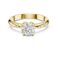 Yellow gold round solitaire lab grown diamond engagement ring, angled view