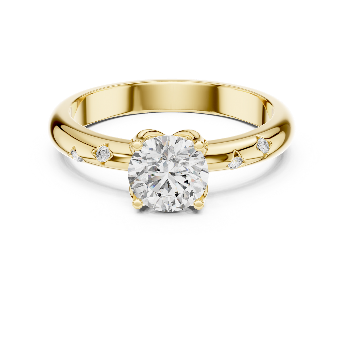 Yellow gold round solitaire lab grown diamond engagement ring, angled view