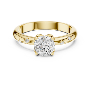 Yellow gold round solitaire lab grown diamond engagement ring, angled view