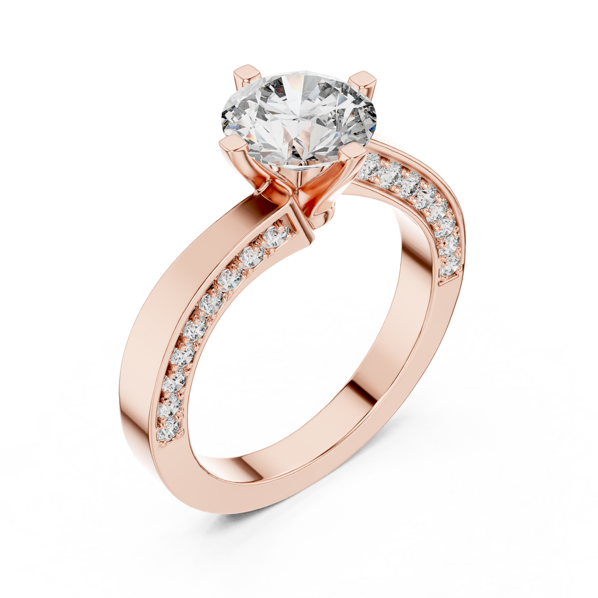 Rose gold round pave solitaire lab grown diamond engagement ring, side view