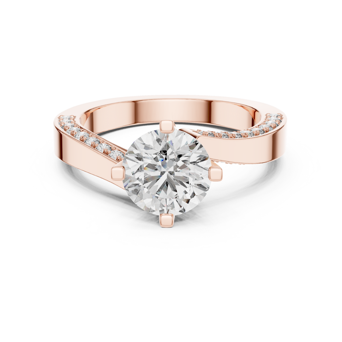 Rose gold round pave solitaire lab grown diamond engagement ring, angled view