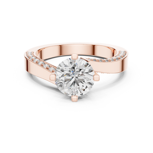 Rose gold round pave solitaire lab grown diamond engagement ring, angled view