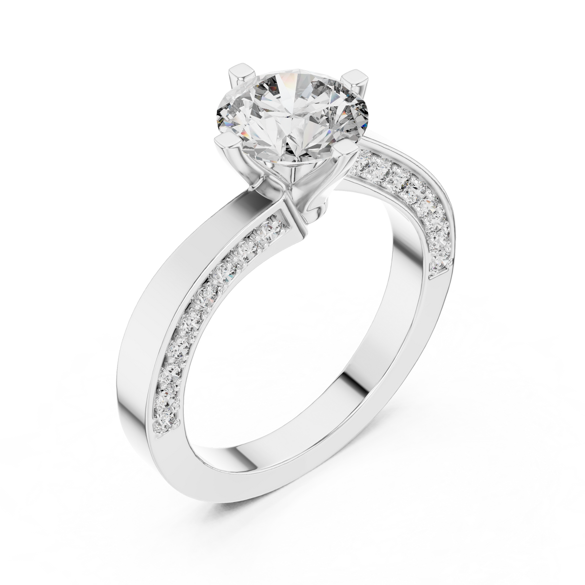 White gold round pave solitaire lab grown diamond engagement ring, side view