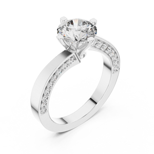 White gold round pave solitaire lab grown diamond engagement ring, side view