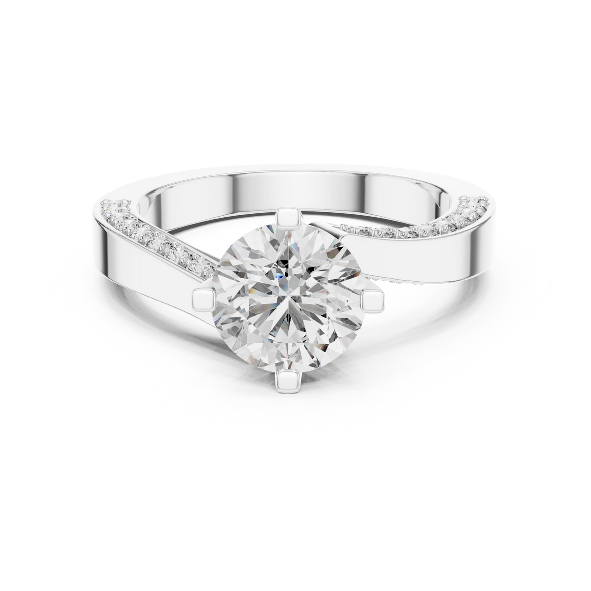 White gold round pave solitaire lab grown diamond engagement ring, angled view