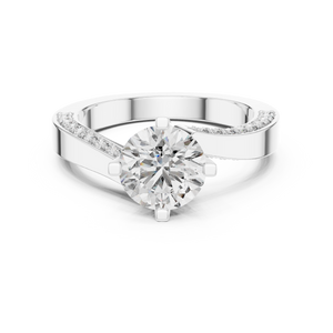 White gold round pave solitaire lab grown diamond engagement ring, angled view
