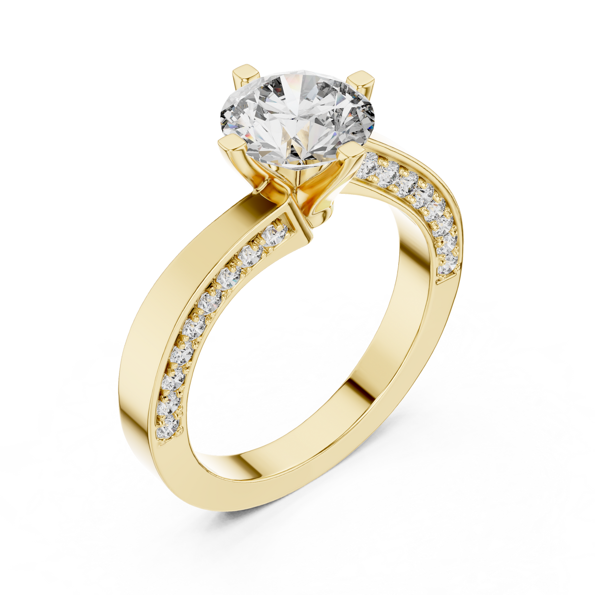 Yellow gold round pave solitaire lab grown diamond engagement ring, side view