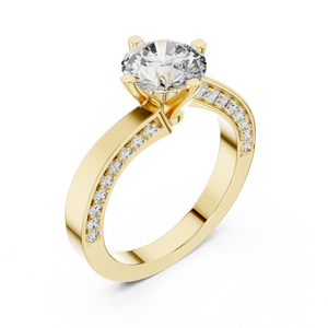 Yellow gold round pave solitaire lab grown diamond engagement ring, side view
