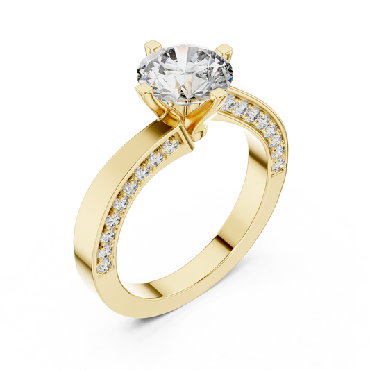 Yellow gold round pave solitaire lab grown diamond engagement ring, side view