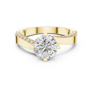 Yellow gold round pave solitaire lab grown diamond engagement ring, angled view