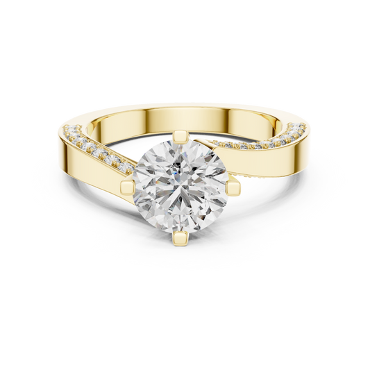 Yellow gold round pave solitaire lab grown diamond engagement ring, angled view
