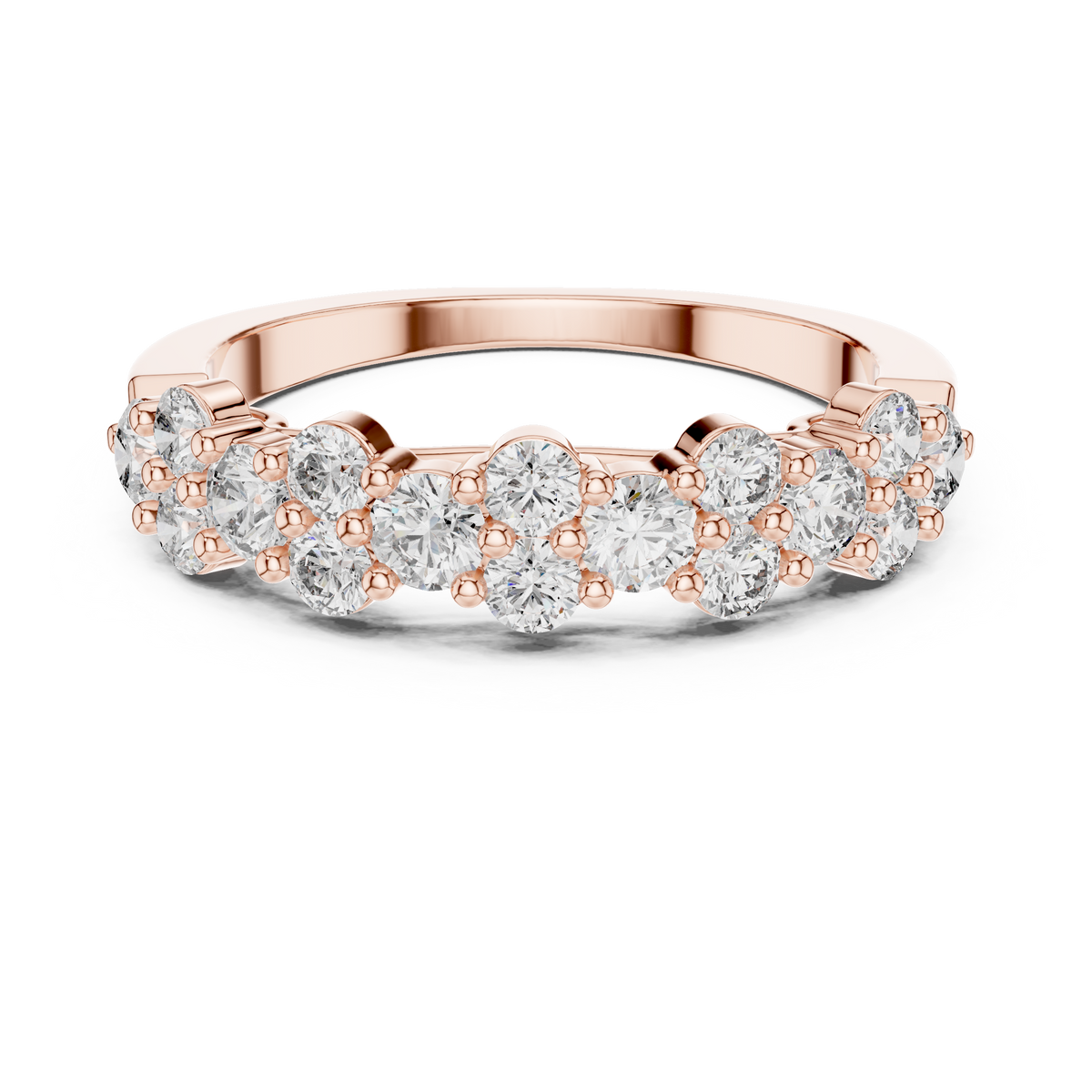 Rose gold round cluster lab grown diamond anniversary band, angled view