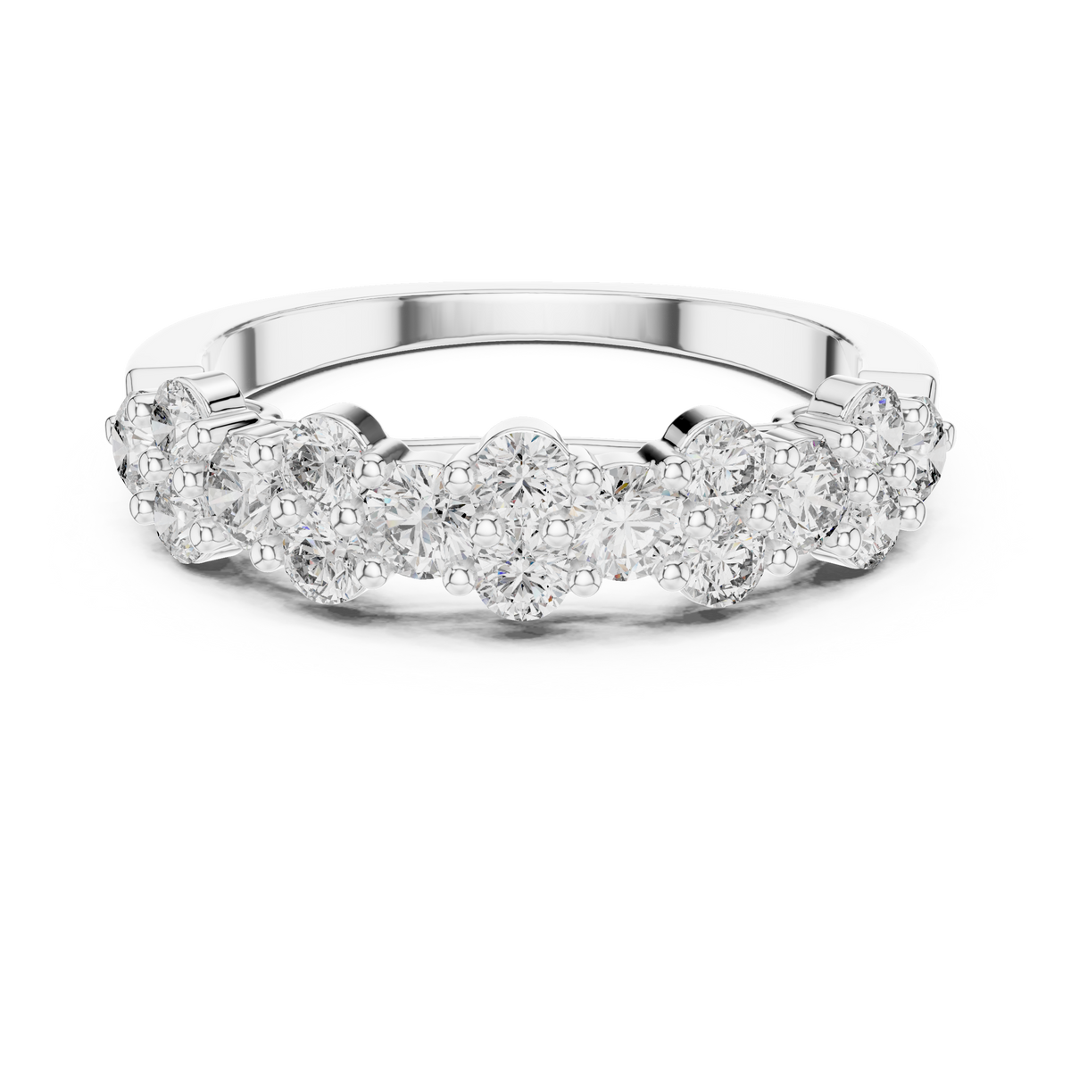 White gold round cluster lab grown diamond anniversary band, angled view