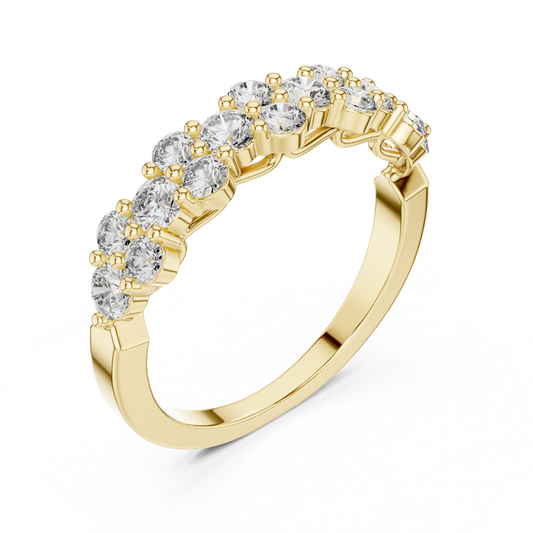 Yellow gold round cluster lab grown diamond anniversary band, side view