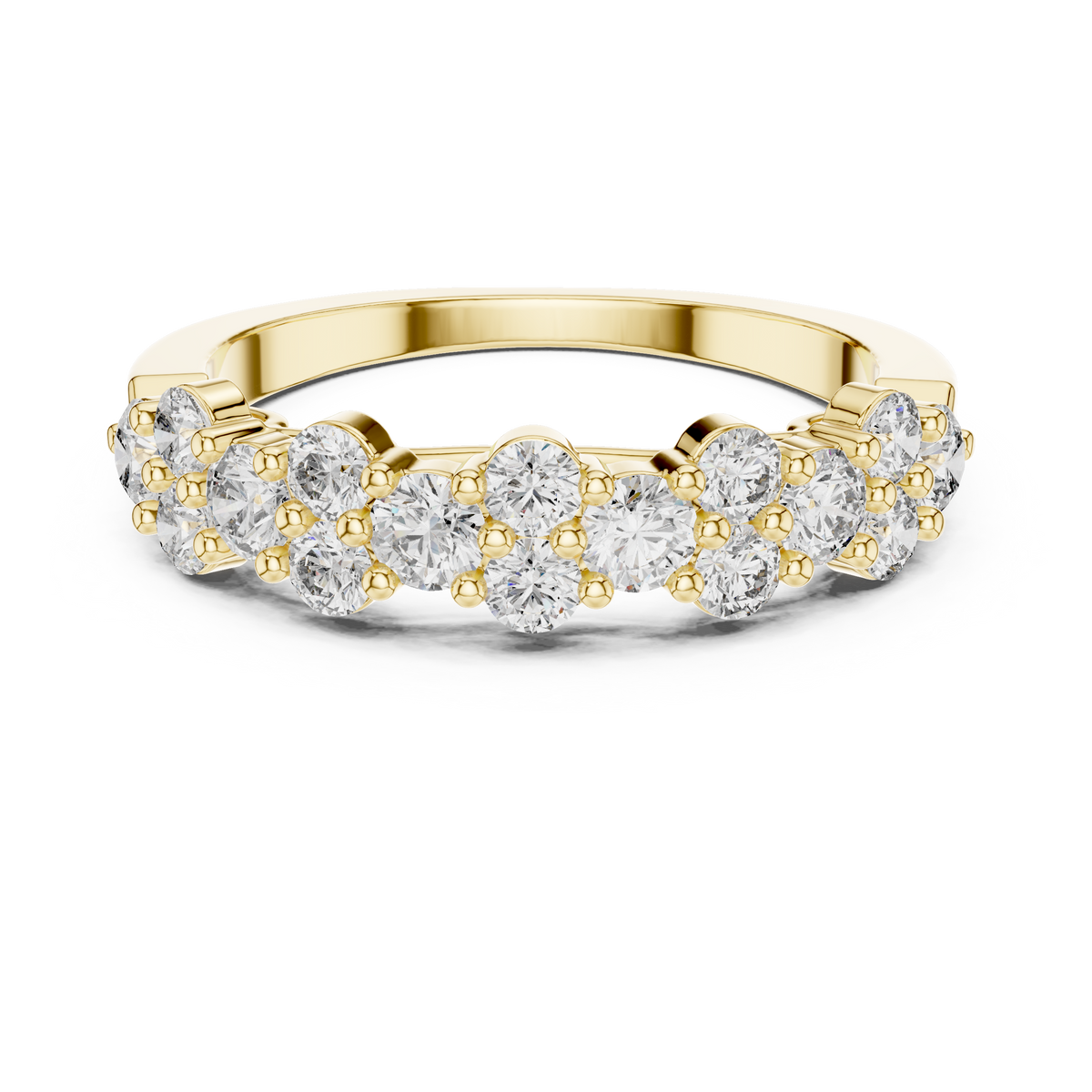 Yellow gold round cluster lab grown diamond anniversary band, angled view
