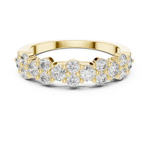 Yellow gold round cluster lab grown diamond anniversary band, angled view