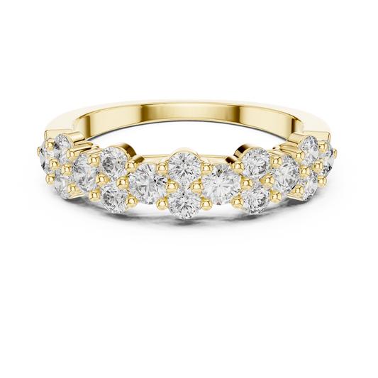 Yellow gold round cluster lab grown diamond anniversary band, angled view