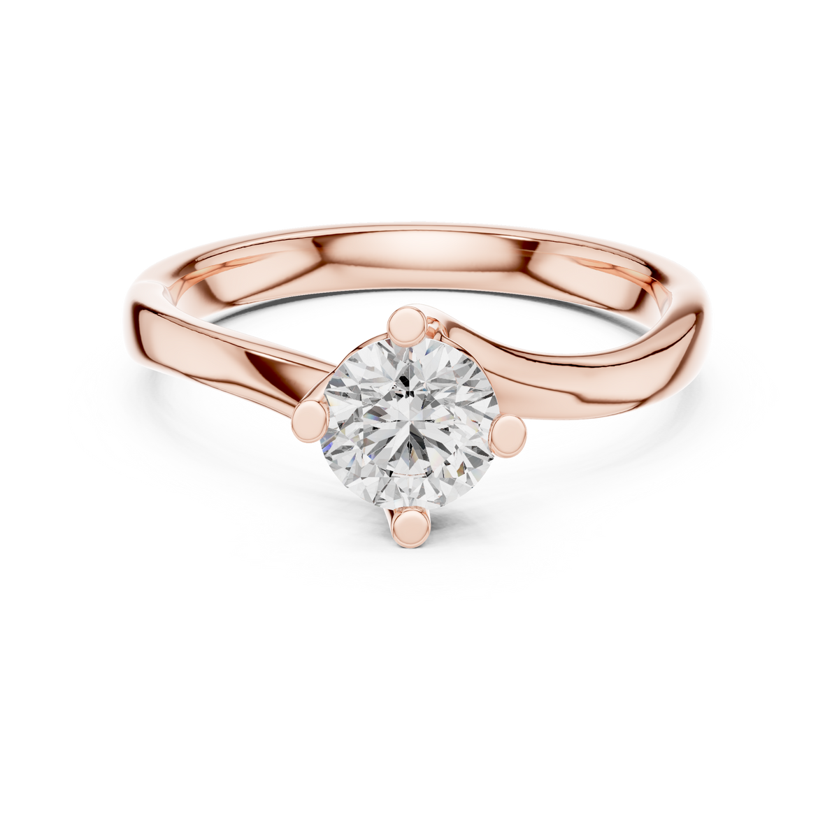 Rose gold round twist solitaire lab grown diamond engagement ring, angled view