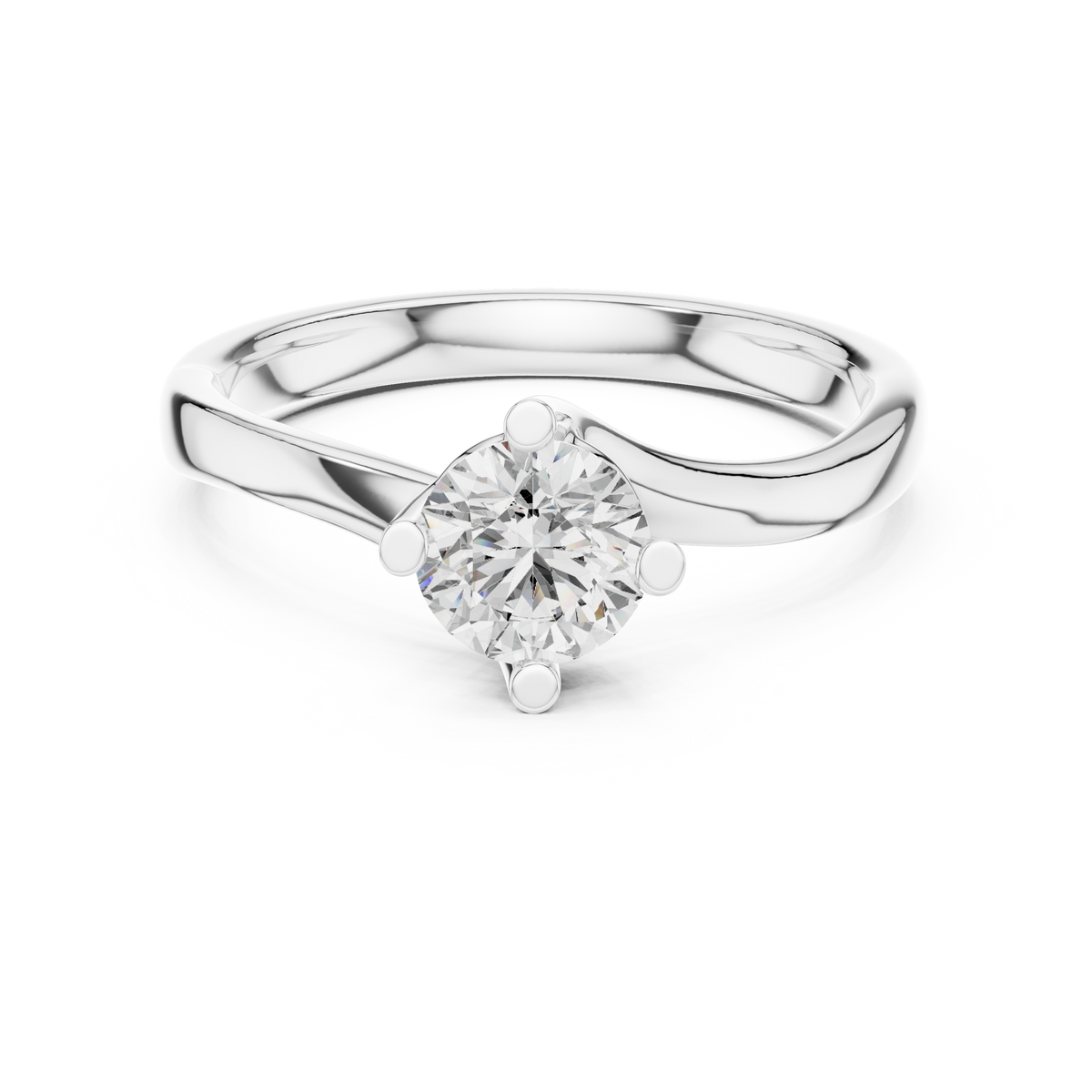 White gold round twist solitaire lab grown diamond engagement ring, angled view