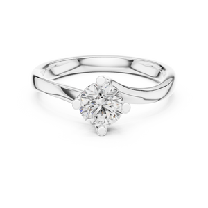 White gold round twist solitaire lab grown diamond engagement ring, angled view