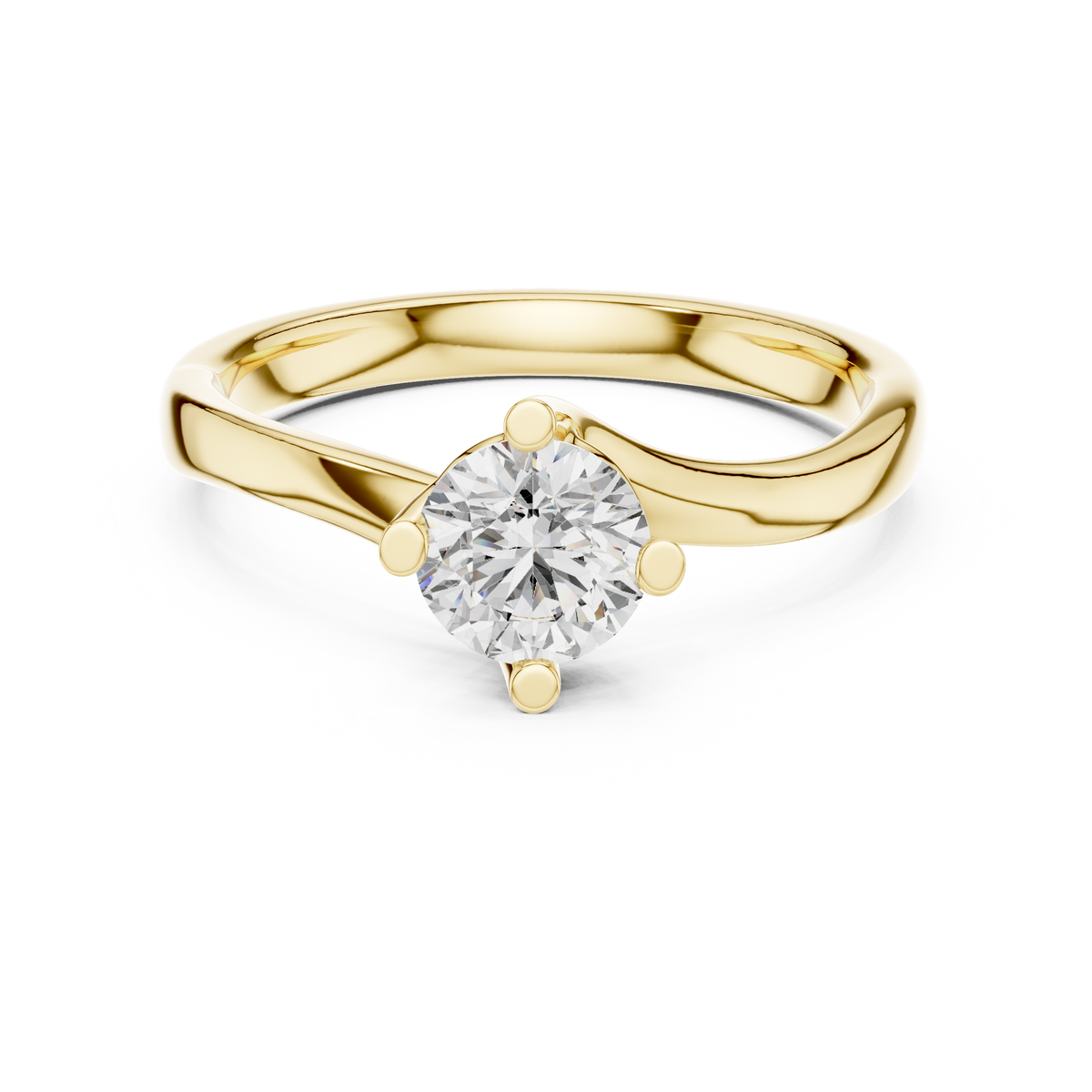 Yellow gold round twist solitaire lab grown diamond engagement ring, angled view