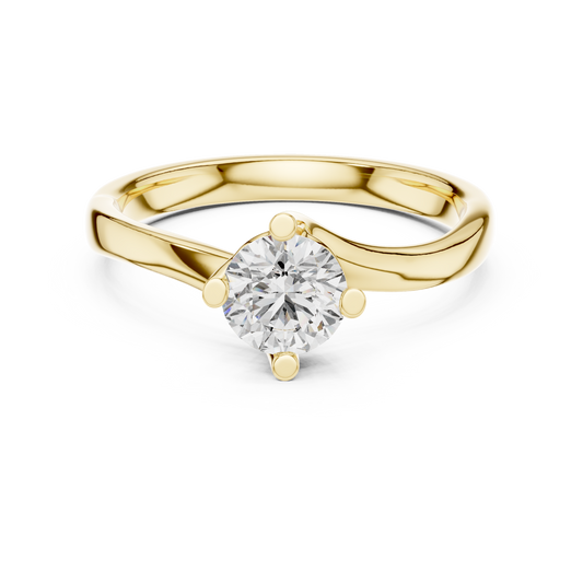 Yellow gold round twist solitaire lab grown diamond engagement ring, angled view