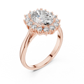 Rose gold oval halo lab grown diamond engagement ring, side view