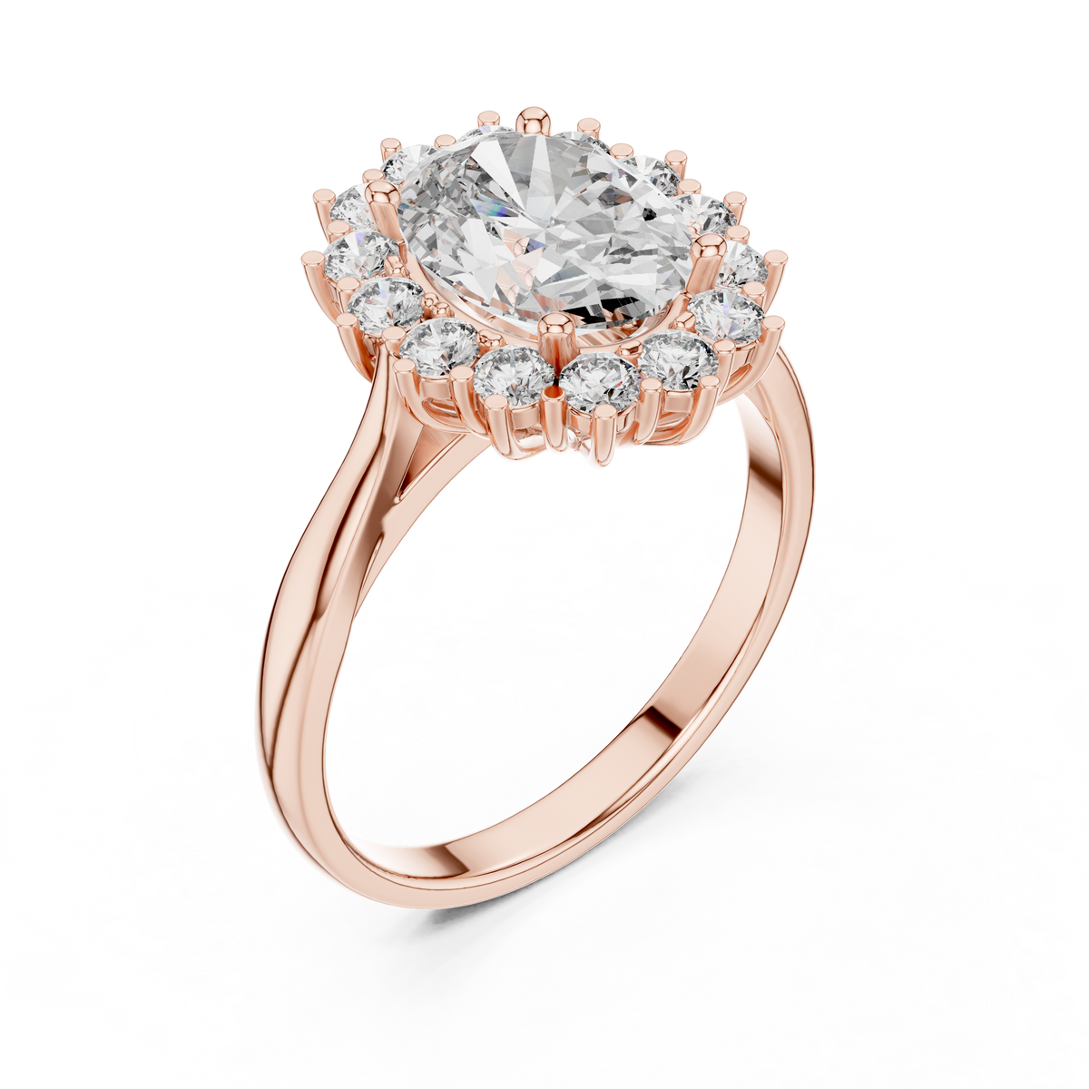 Rose gold oval halo lab grown diamond engagement ring, side view